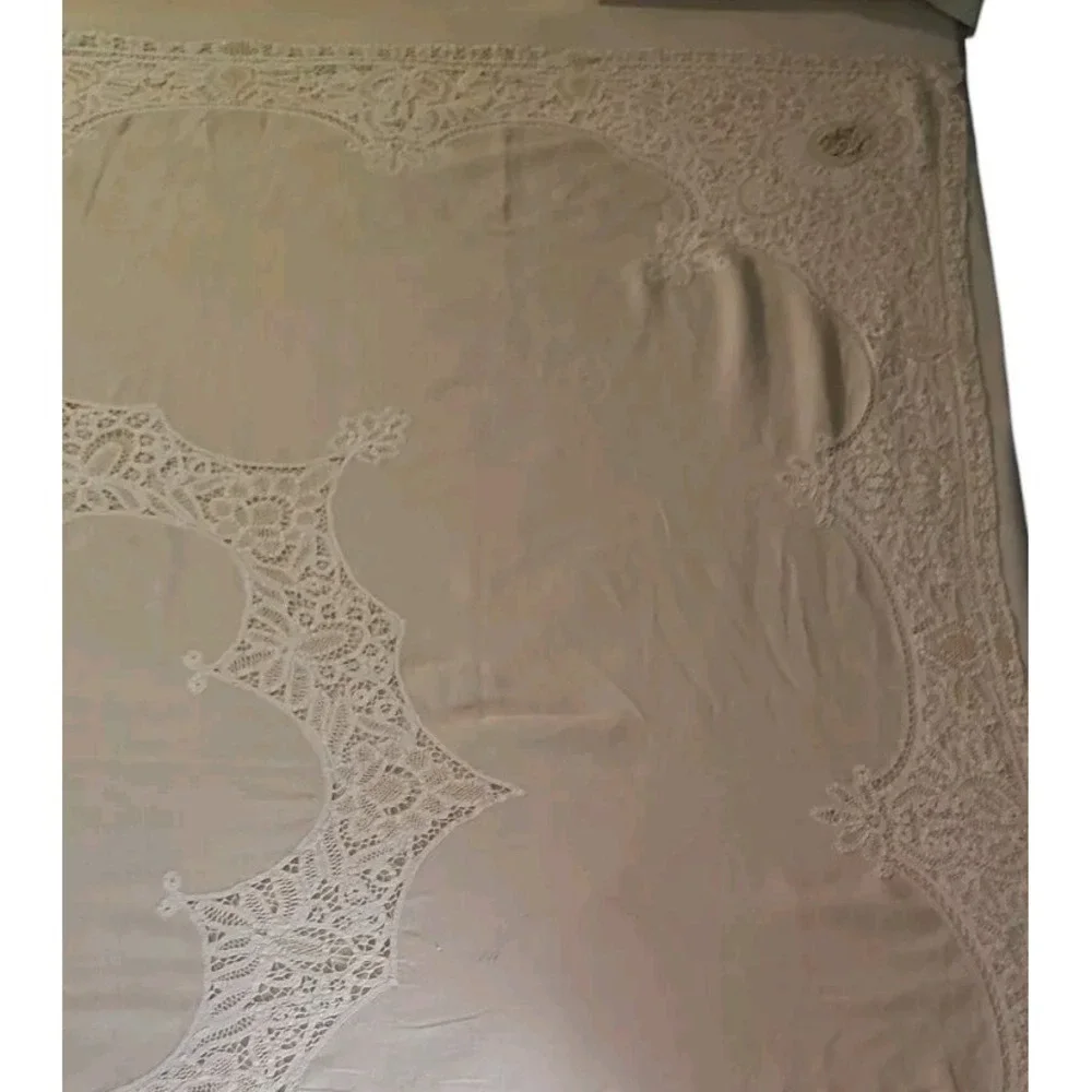 Vintage Irish Battenberg Lace Tablecloth and Six Napkins Set Cotton 56x59 Inches